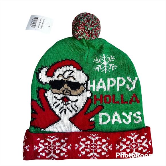 NWT Christmas Pom Beanie “Happy Holla Days” Unisex Winter Hat - Picture 1 of 6